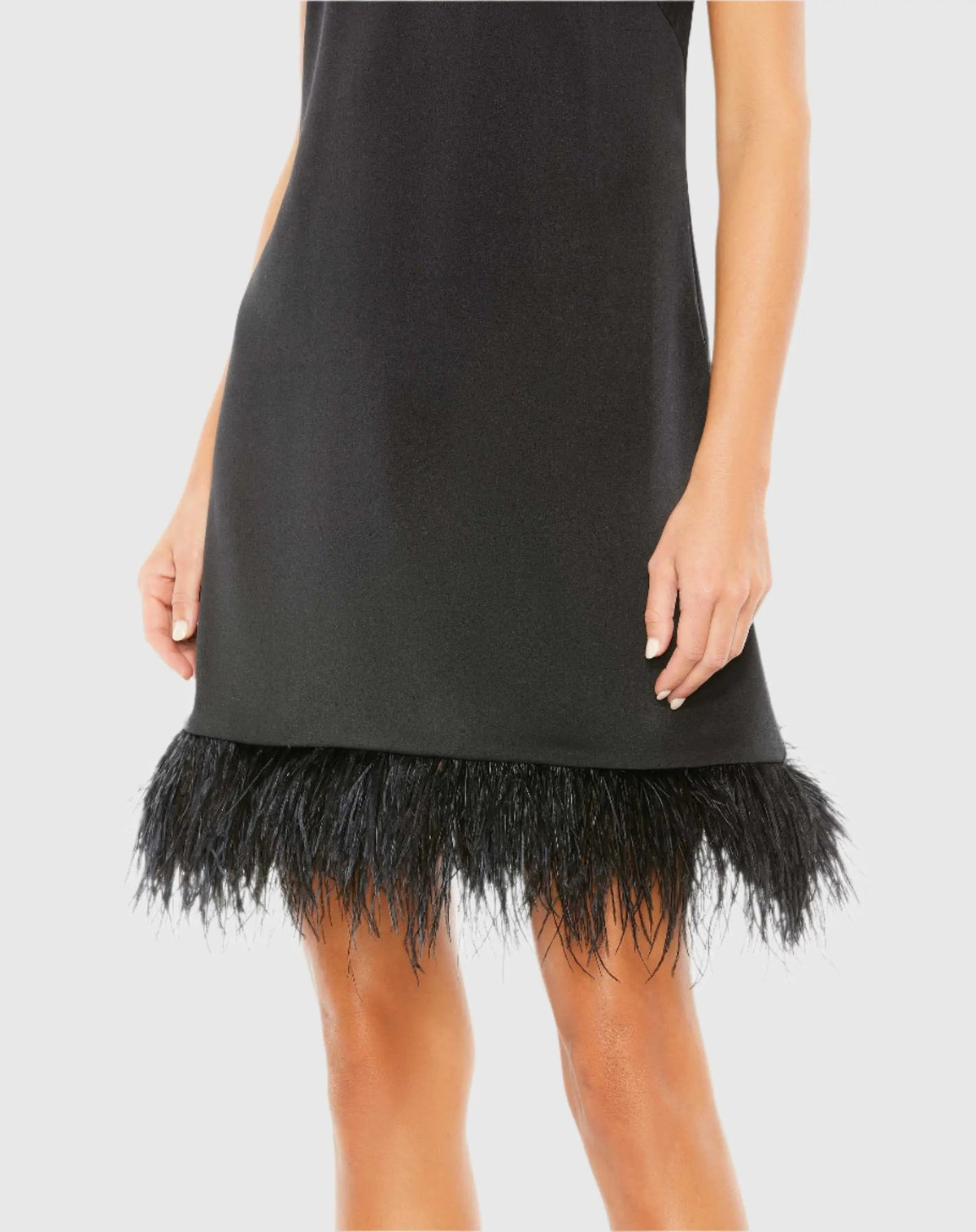 Mac Duggal Black Feathered Hem High Neck Sleeveless Trapeze Dress