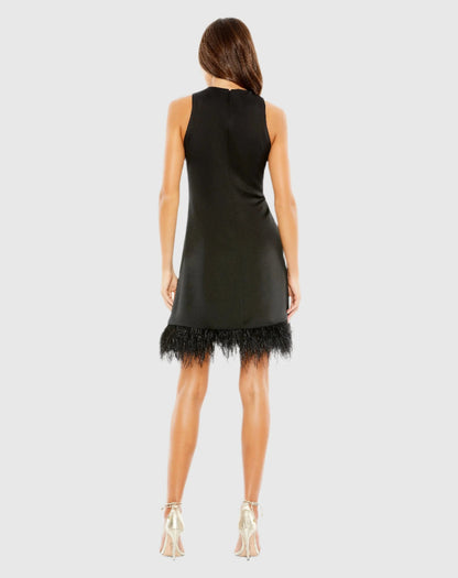 Mac Duggal Black Feathered Hem High Neck Sleeveless Trapeze Dress