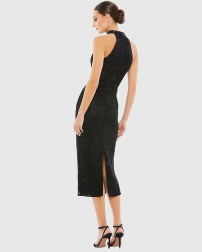 Mac Duggal High Neck Halter Sleeveless Midi Dress Duggal