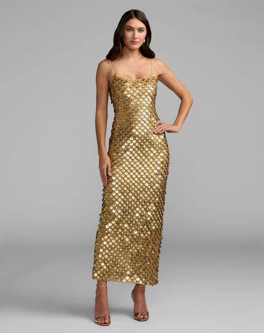 Mac Duggal Gold Paillette Embellished Sleeveless Maxi Dress