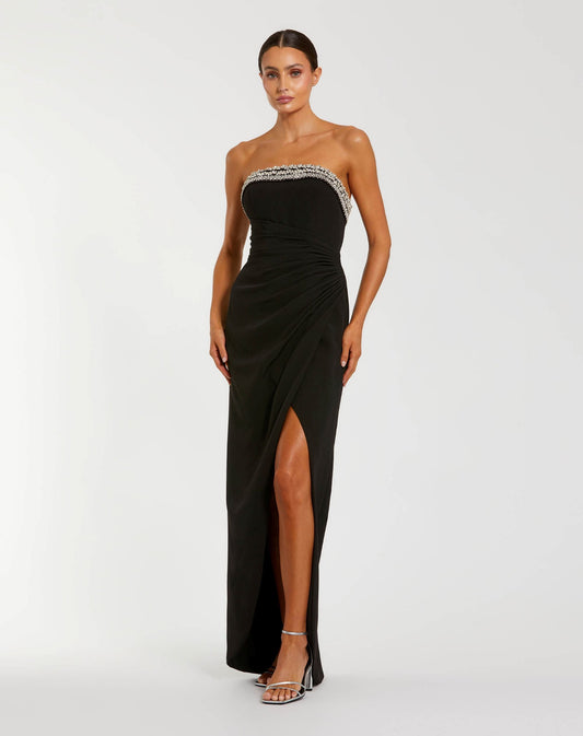 Mac Duggal Black Rhinestone Embellished Strapless Column Gown