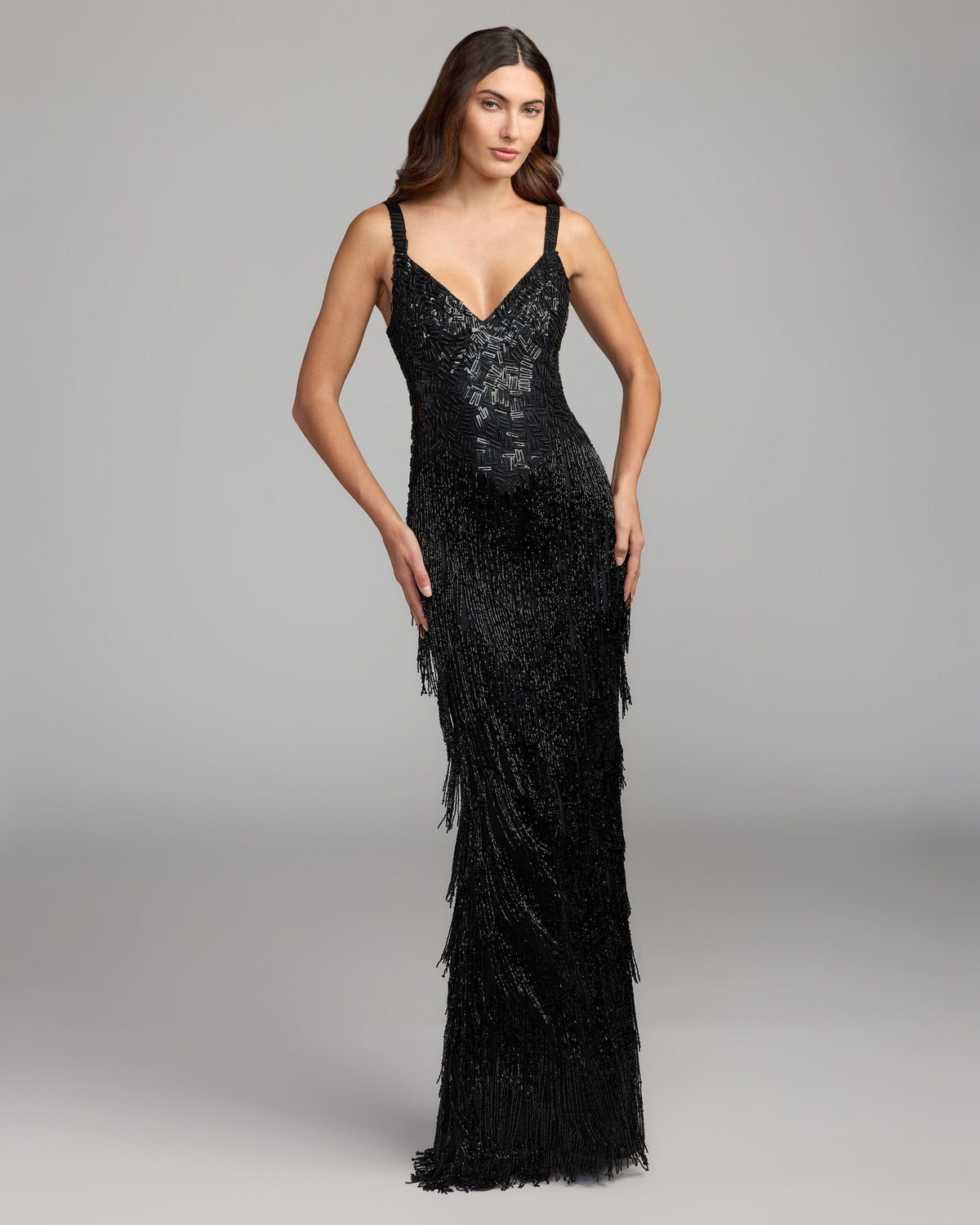 Mac Duggal Black Beaded Fringe V-Neck Gown