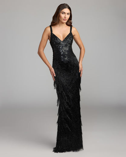 Mac Duggal Black Beaded Fringe V-Neck Gown