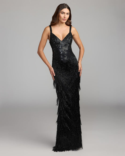 Mac Duggal Black Beaded Fringe V-Neck Gown
