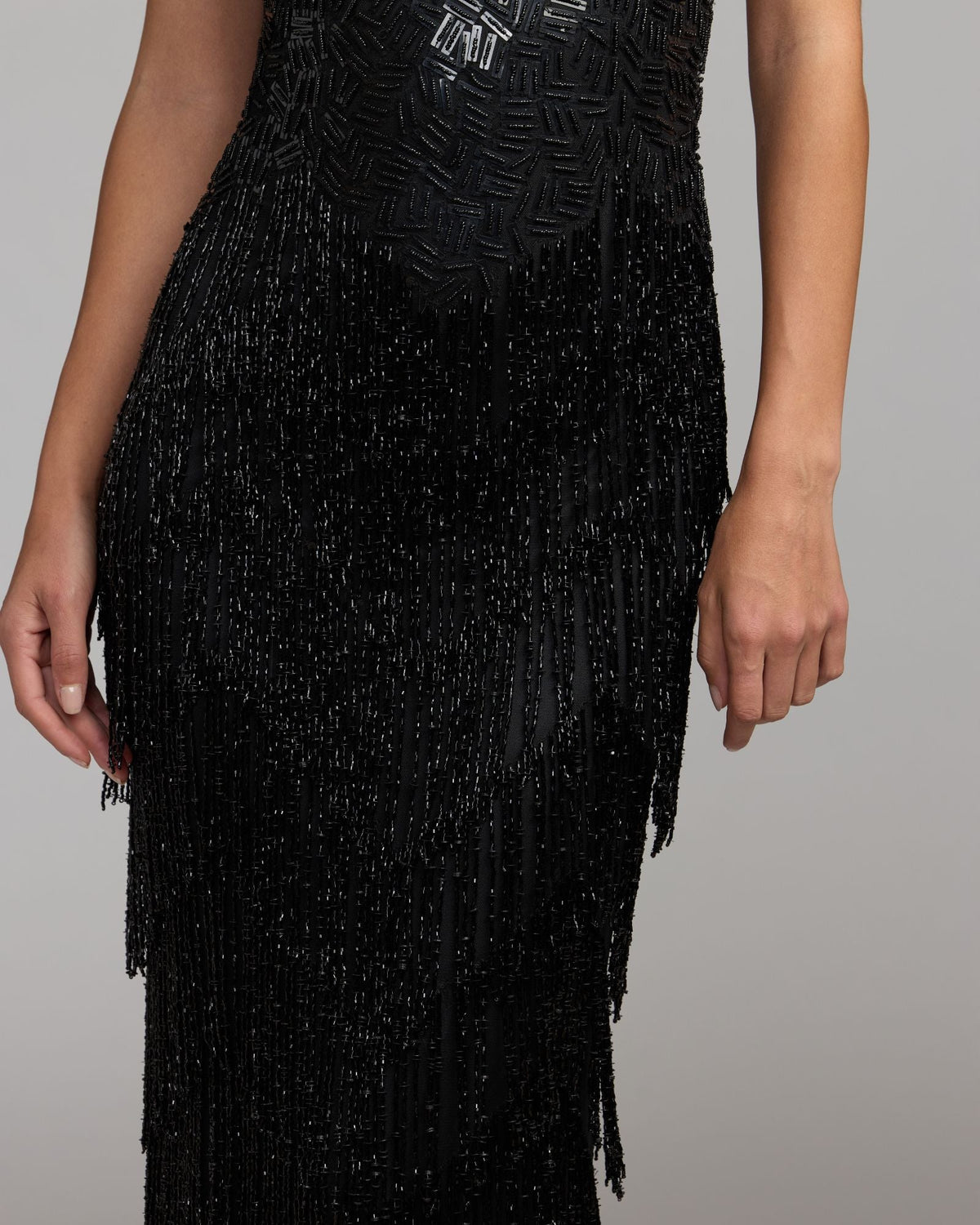 Mac Duggal Black Beaded Fringe V-Neck Gown