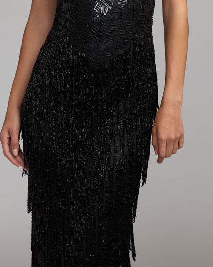 Mac Duggal Black Beaded Fringe V-Neck Gown