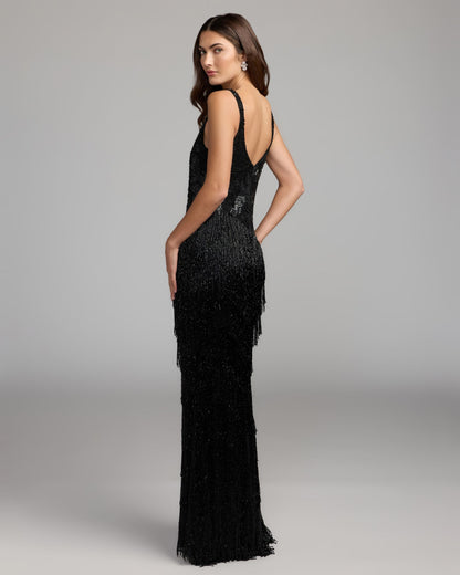 Mac Duggal Black Beaded Fringe V-Neck Gown