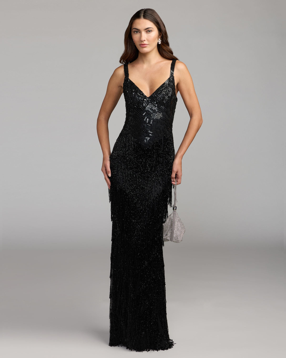 Mac Duggal Black Beaded Fringe V-Neck Gown