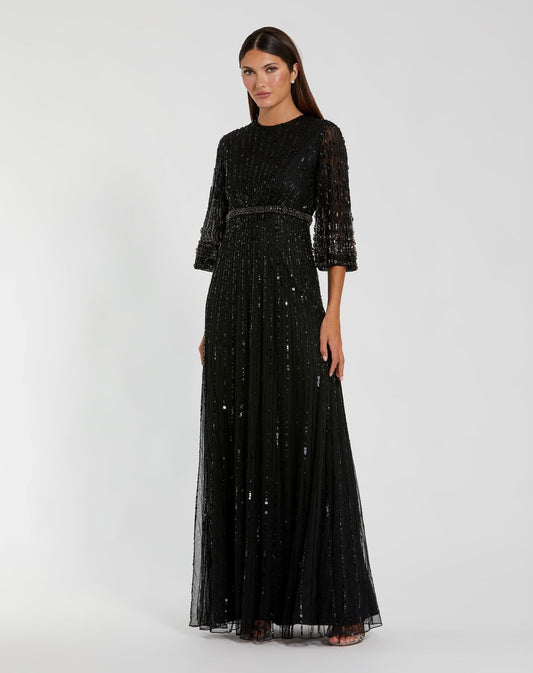Mac Duggal Petite Black High Neck Embellished Gown With 3/4 Sleeves