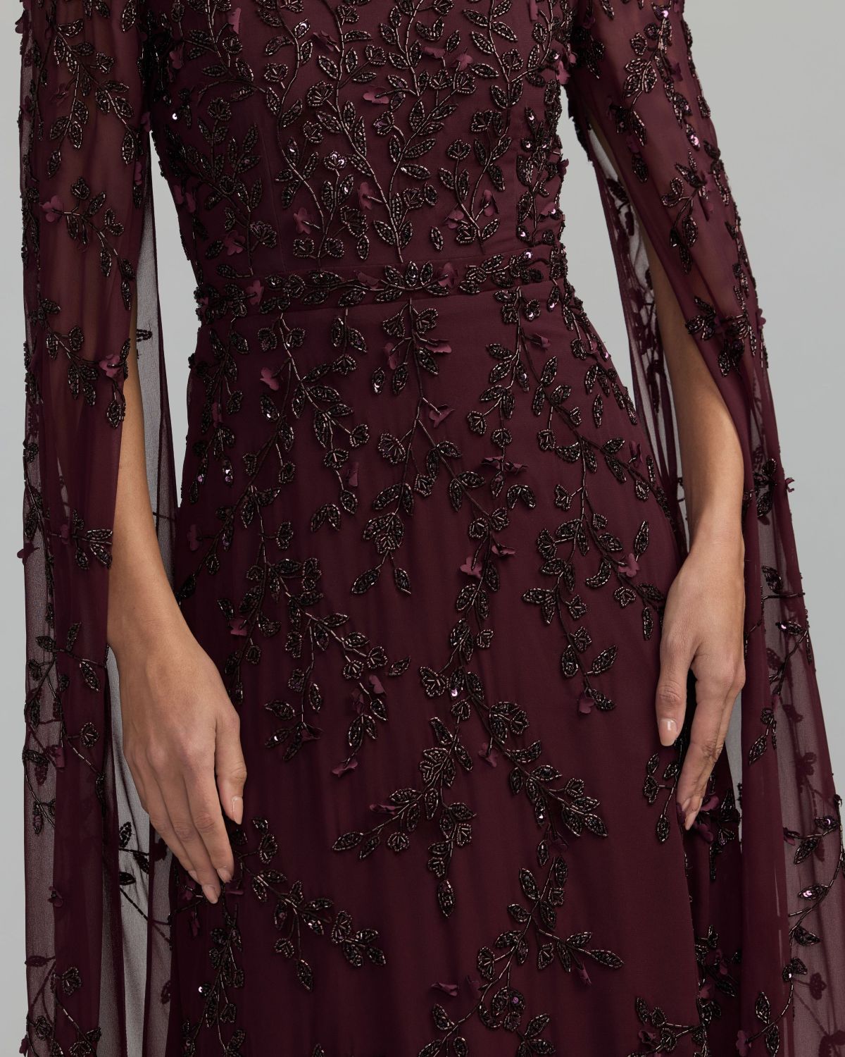 Mac Duggal Petite Burgundy Floral Embellished Cape Sleeve Gown