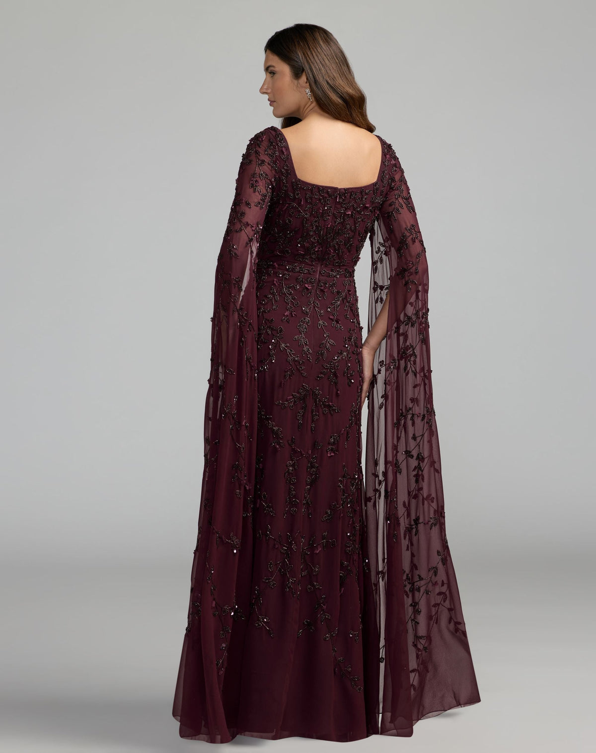 Mac Duggal Petite Burgundy Floral Embellished Cape Sleeve Gown