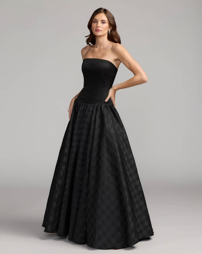 Mac Duggal Black Strapless Satin Drop Waist Gown