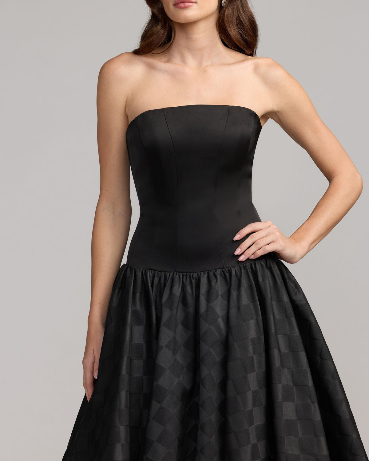 Mac Duggal Black Strapless Satin Drop Waist Gown