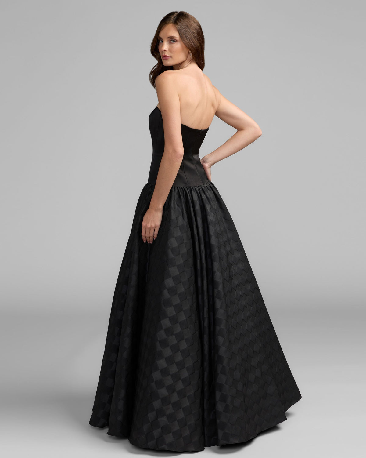 Mac Duggal Black Strapless Satin Drop Waist Gown