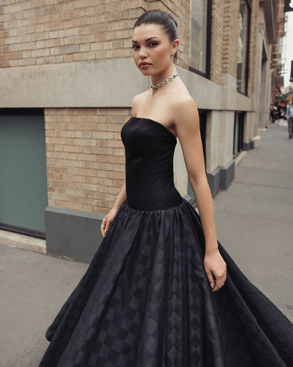 Mac Duggal Black Strapless Satin Drop Waist Gown