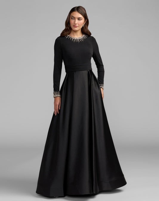 Mac Duggal Petite Black Jersey and Satin Long Sleeve A-Line Gown