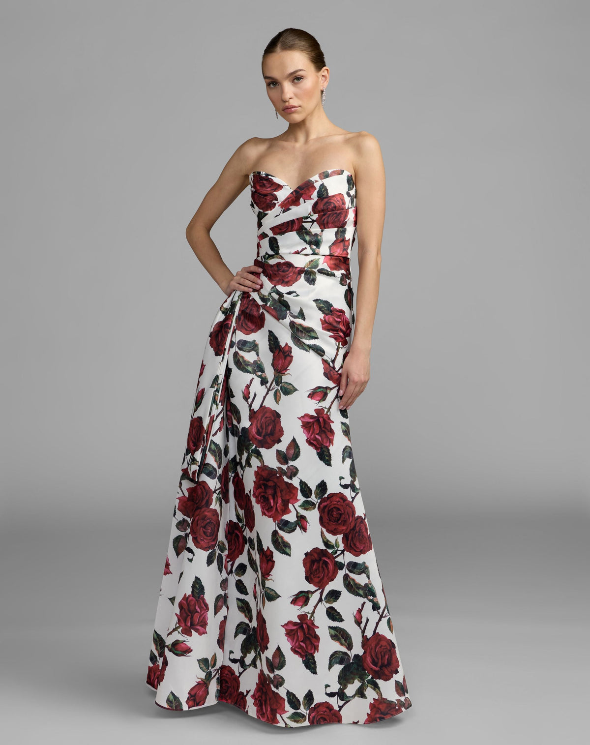 Mac Duggal White Floral Strapless Satin Gown With Bow