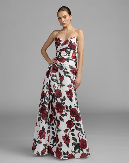 Mac Duggal White Floral Strapless Satin Gown With Bow