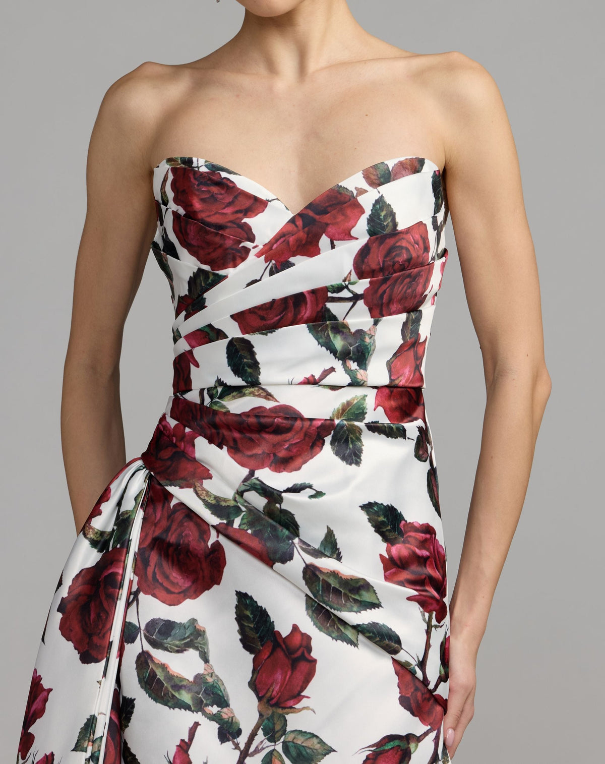 Mac Duggal White Floral Strapless Satin Gown With Bow