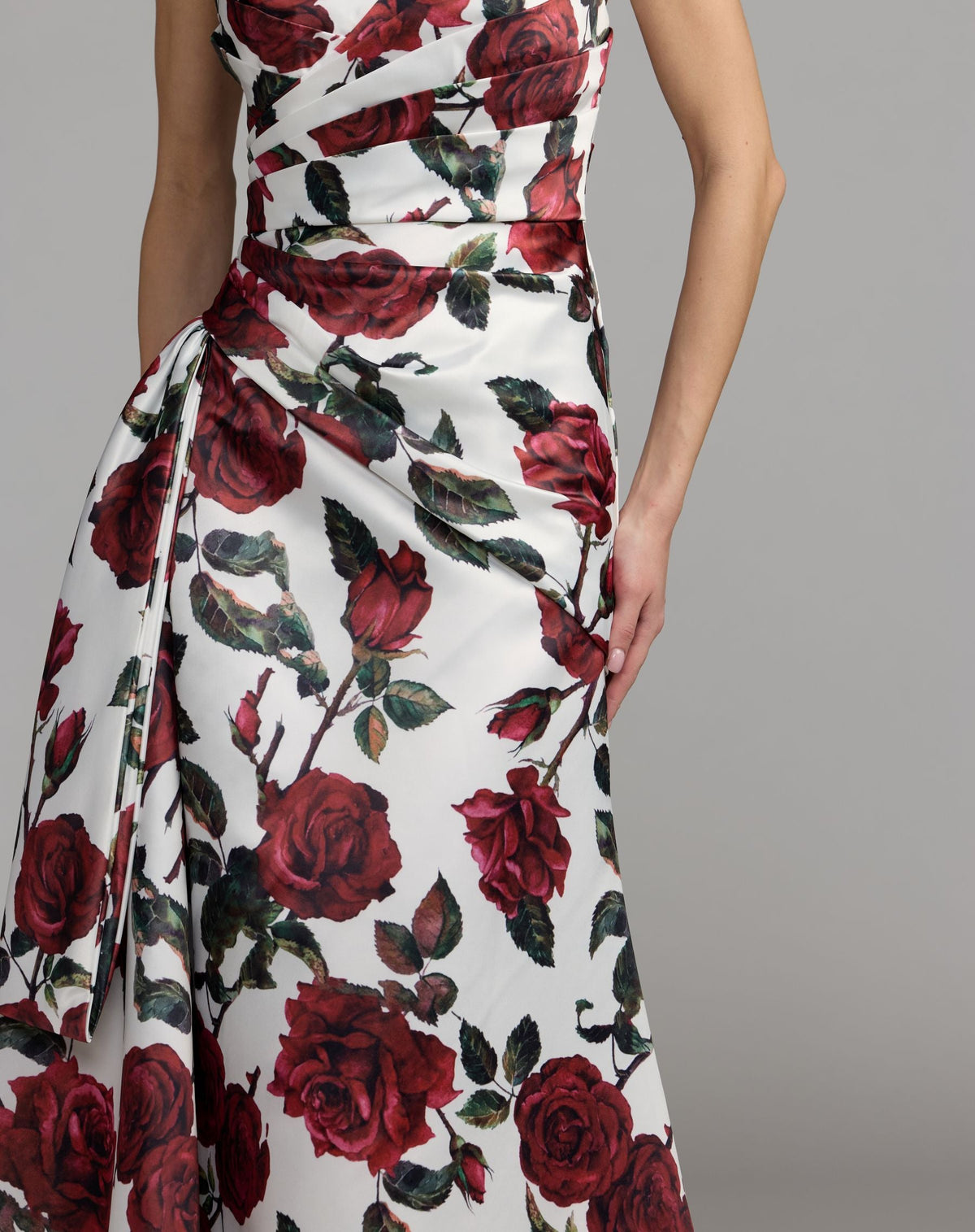 Mac Duggal White Floral Strapless Satin Gown With Bow