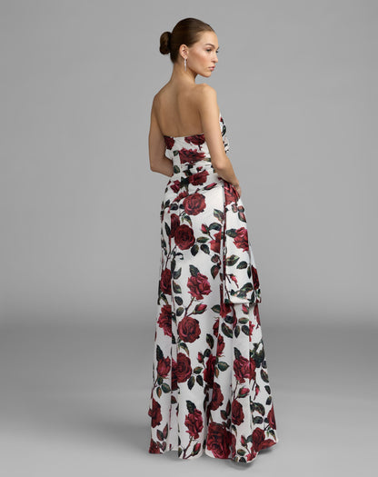 Mac Duggal White Floral Strapless Satin Gown With Bow