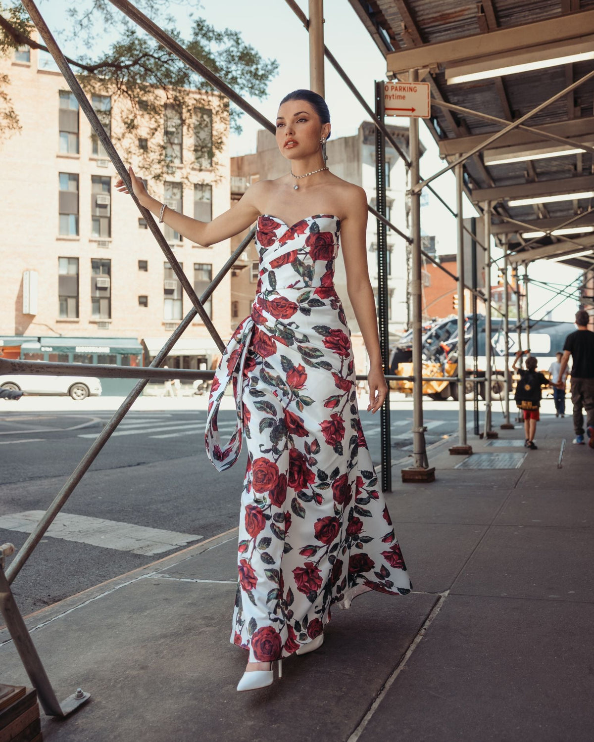 Mac Duggal White Floral Strapless Satin Gown With Bow