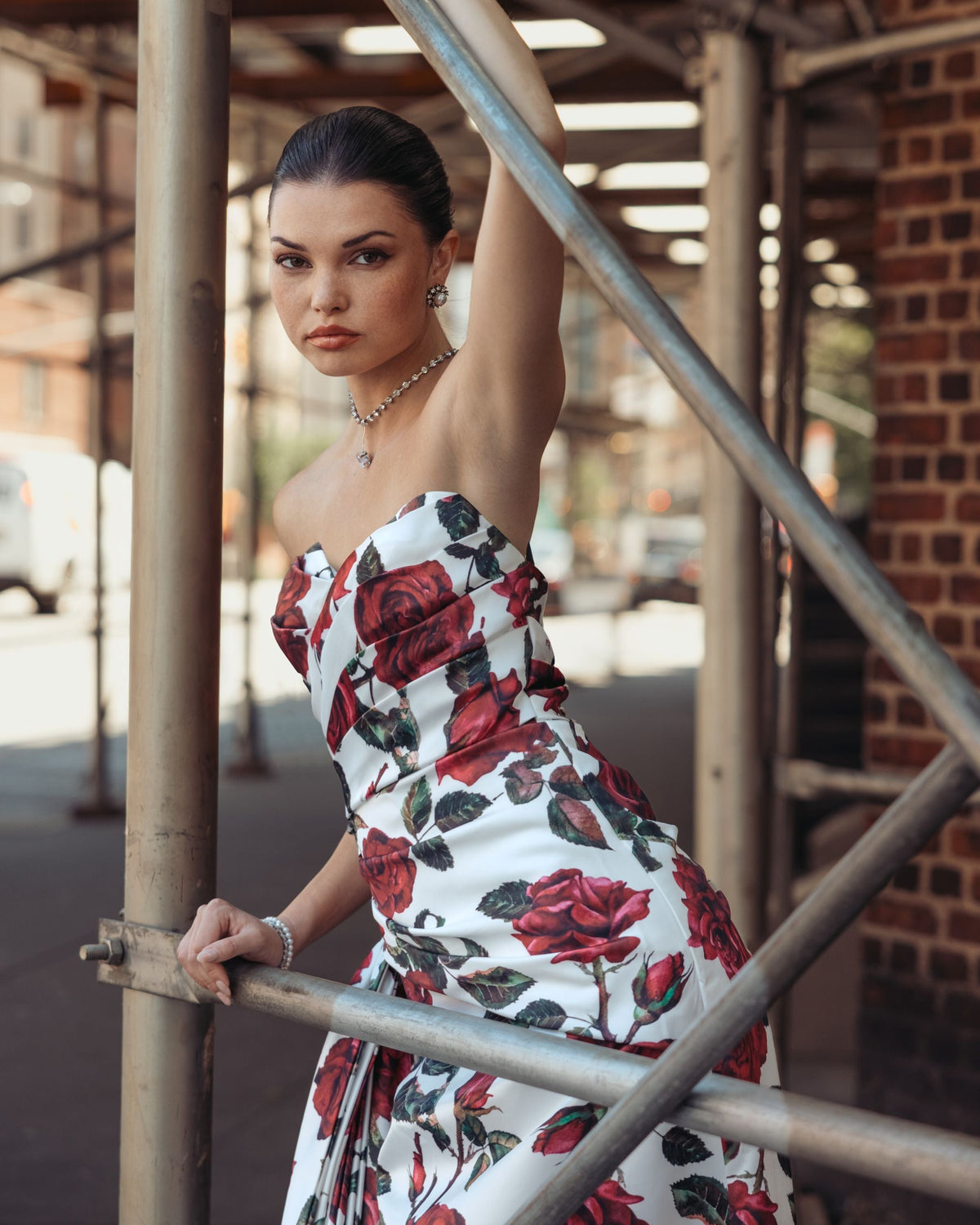 Mac Duggal White Floral Strapless Satin Gown With Bow