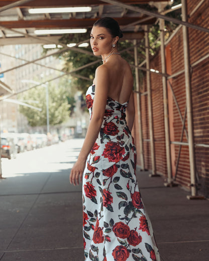 Mac Duggal White Floral Strapless Satin Gown With Bow