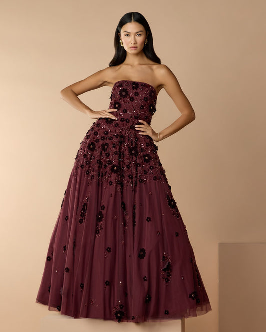 Mac Duggal Burgundy Floral Embellished Strapless Ball Gown