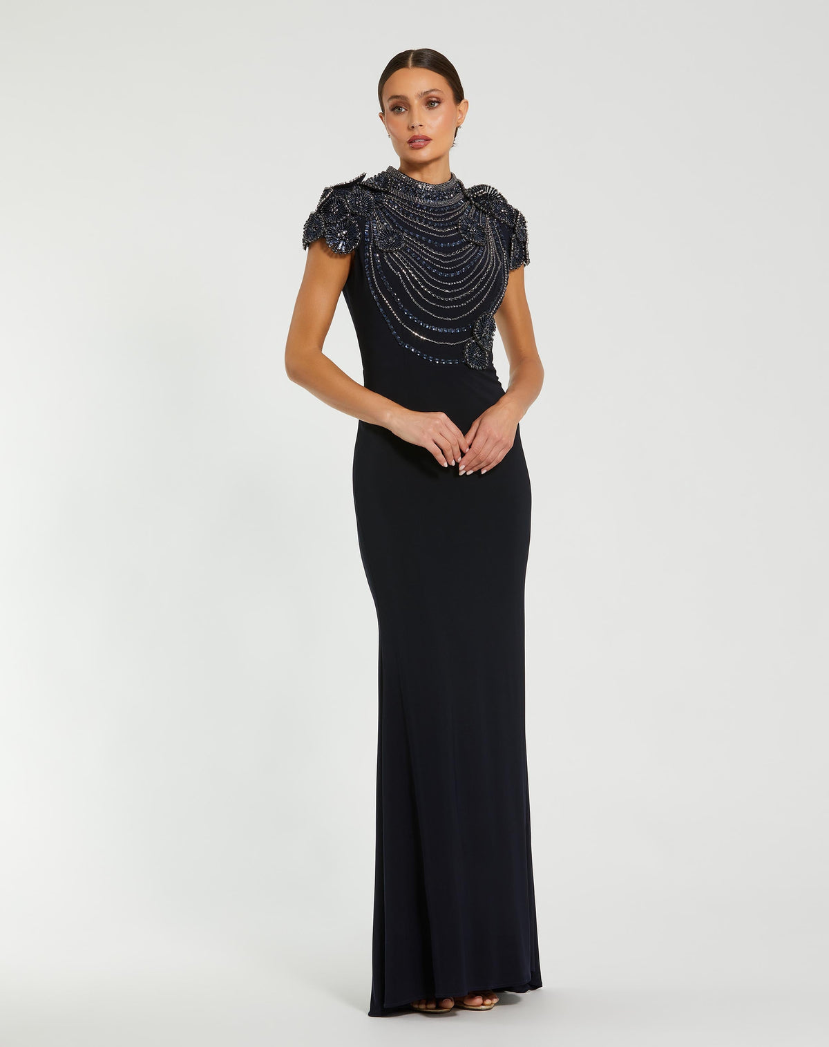 Mac Duggal Navy High Neck Embellished Column Gown