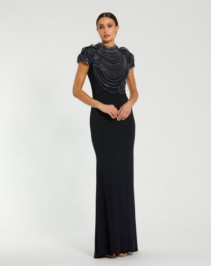 Mac Duggal Navy High Neck Embellished Column Gown