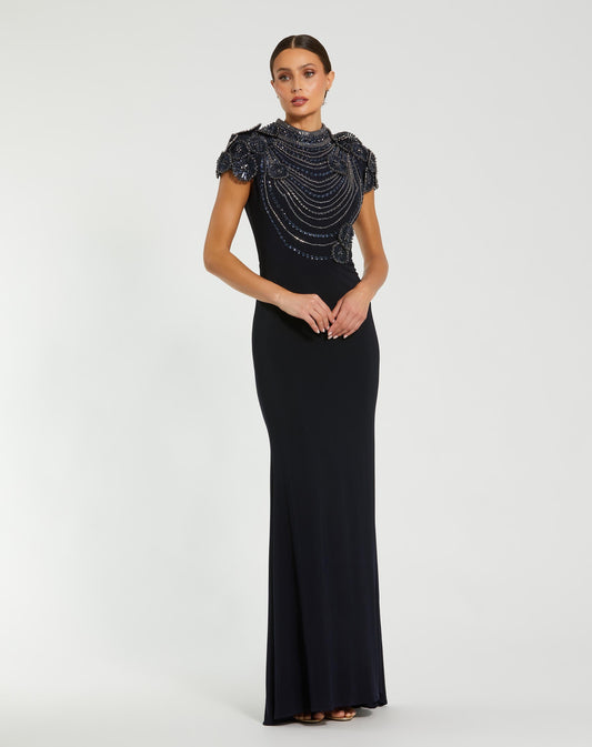 Mac Duggal Navy High Neck Embellished Column Gown