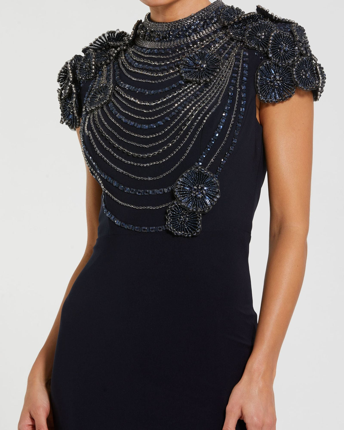 Mac Duggal Navy High Neck Embellished Column Gown