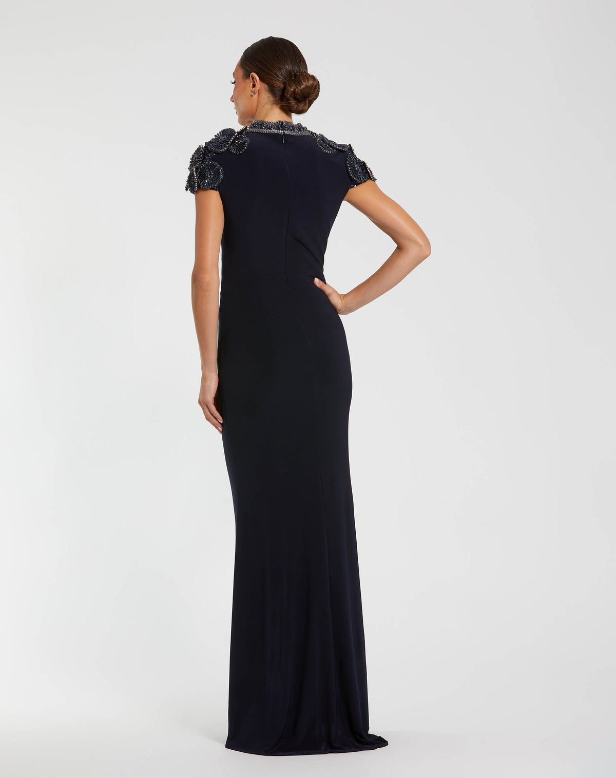 Mac Duggal Navy High Neck Embellished Column Gown