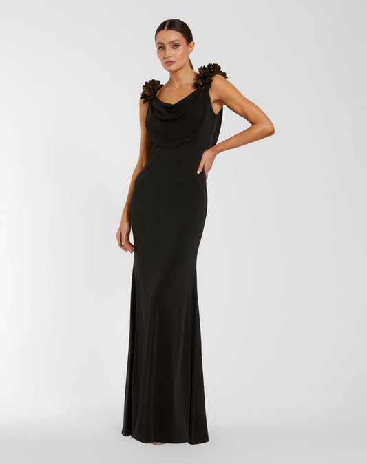 Mac Duggal Black Cowl Neck Jersey Gown With 3D Flower Straps