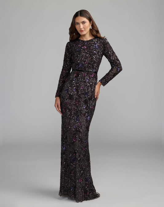 Mac Duggal Purple Embellished Floral Long Sleeve Gown