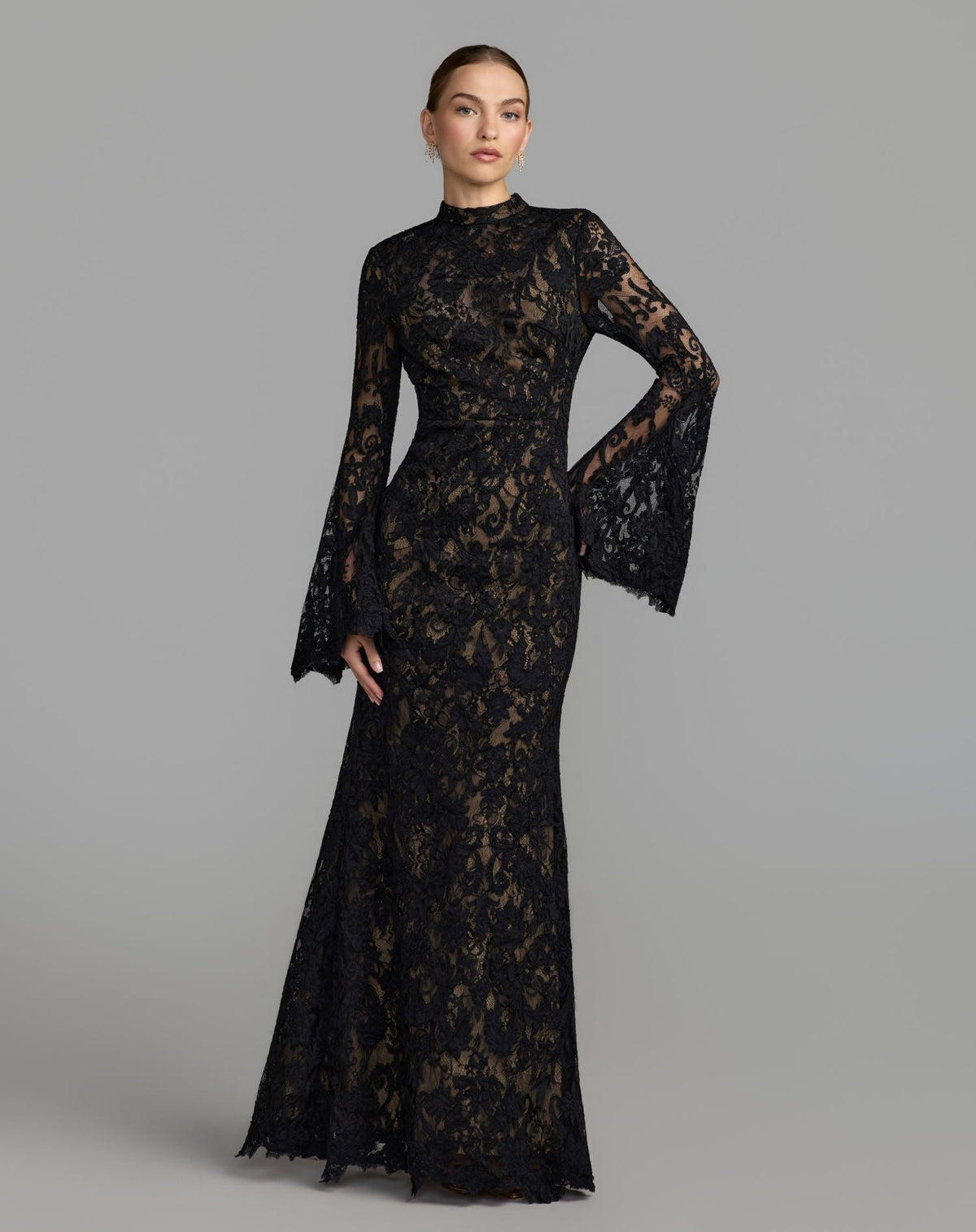 Mac Duggal Petite Black Mock Neck Long Sleeve Lace Gown