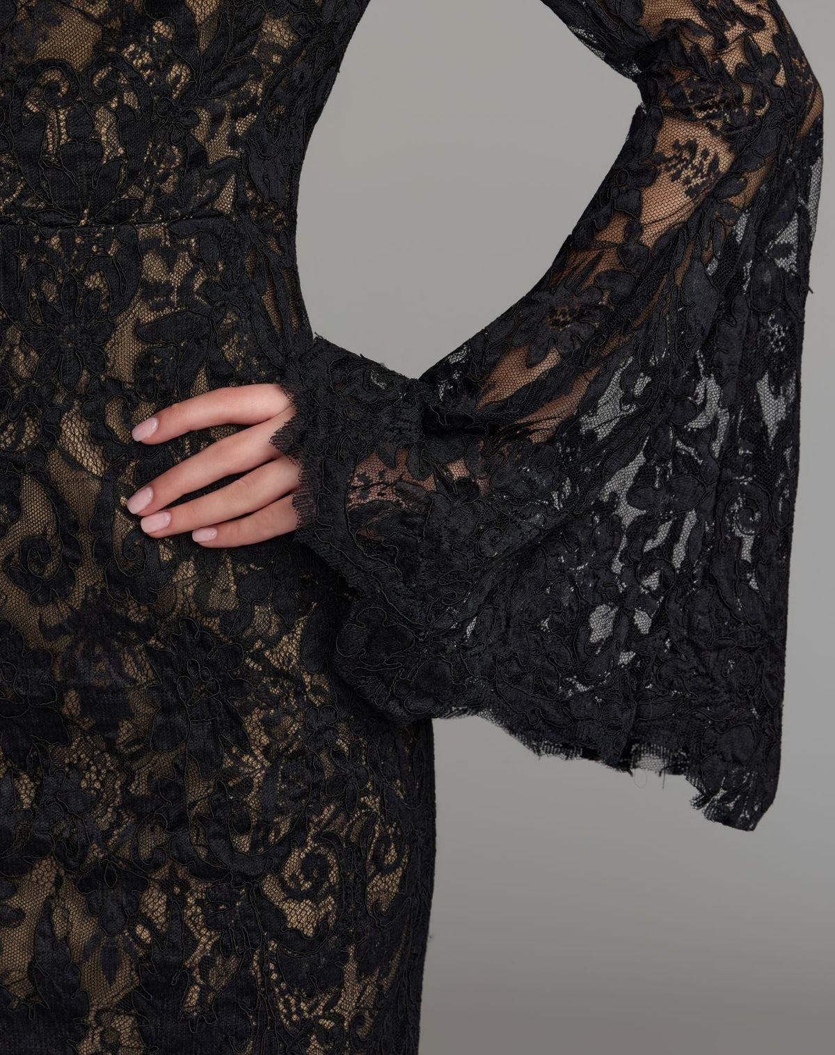 Mac Duggal Petite Black Mock Neck Long Sleeve Lace Gown