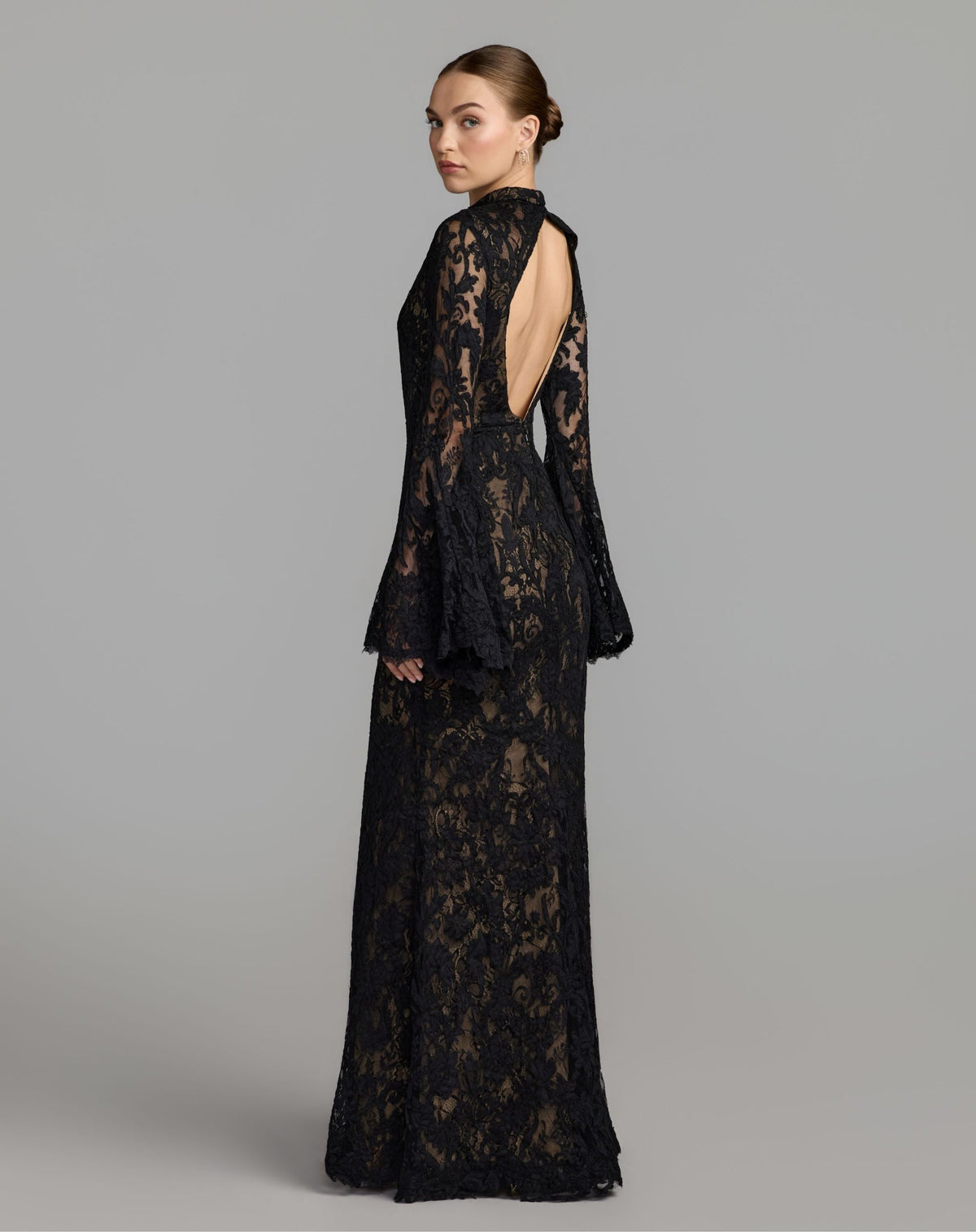 Mac Duggal Petite Black Mock Neck Long Sleeve Lace Gown
