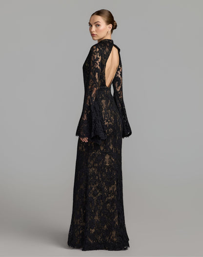 Mac Duggal Petite Black Mock Neck Long Sleeve Lace Gown