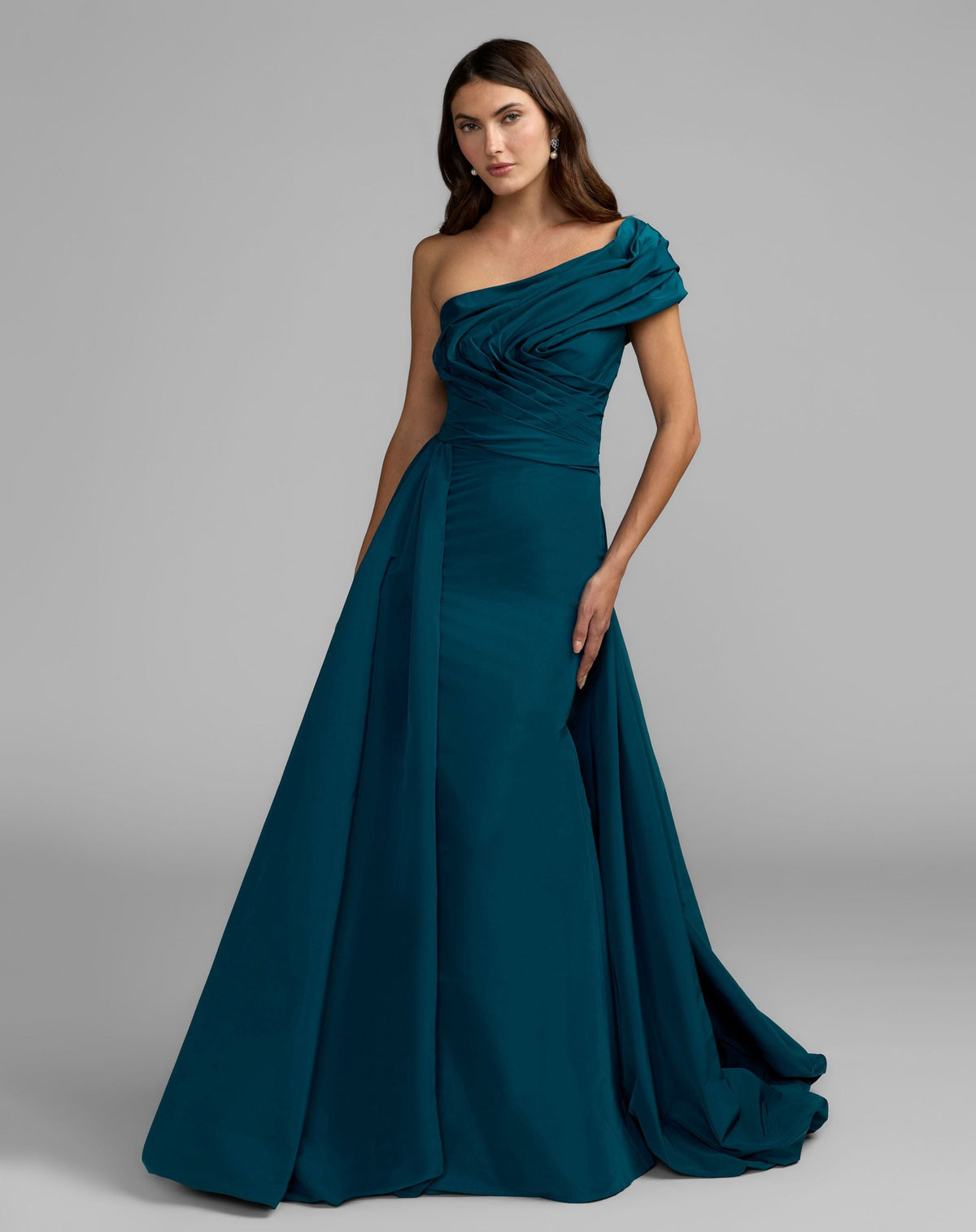 Mac Duggal Blue Pleated One Shoulder Gown With Overskirt