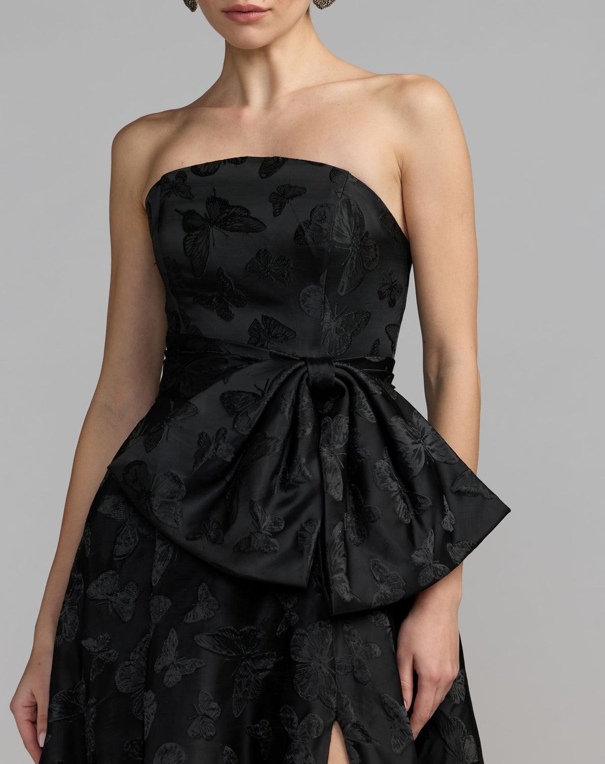 Mac Duggal Black Strapless Brocade A-Line Gown With Bow