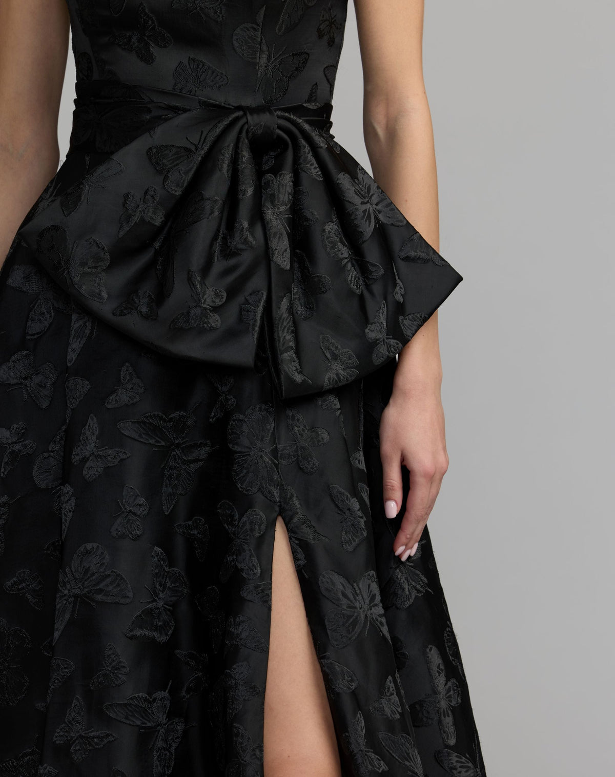 Mac Duggal Black Strapless Brocade A-Line Gown With Bow