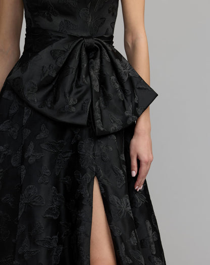 Mac Duggal Black Strapless Brocade A-Line Gown With Bow