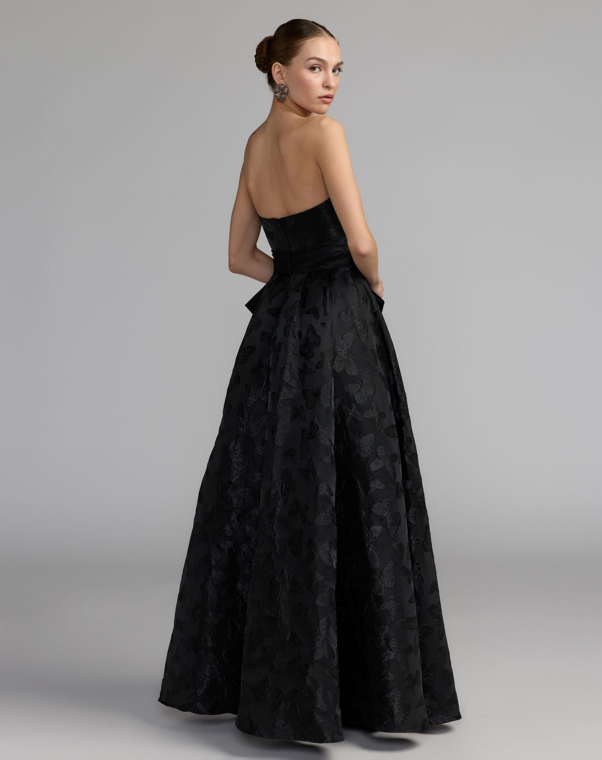 Mac Duggal Black Strapless Brocade A-Line Gown With Bow