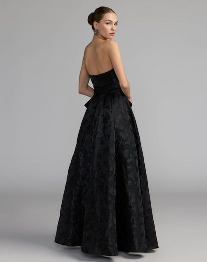 Mac Duggal Black Strapless Brocade A-Line Gown With Bow