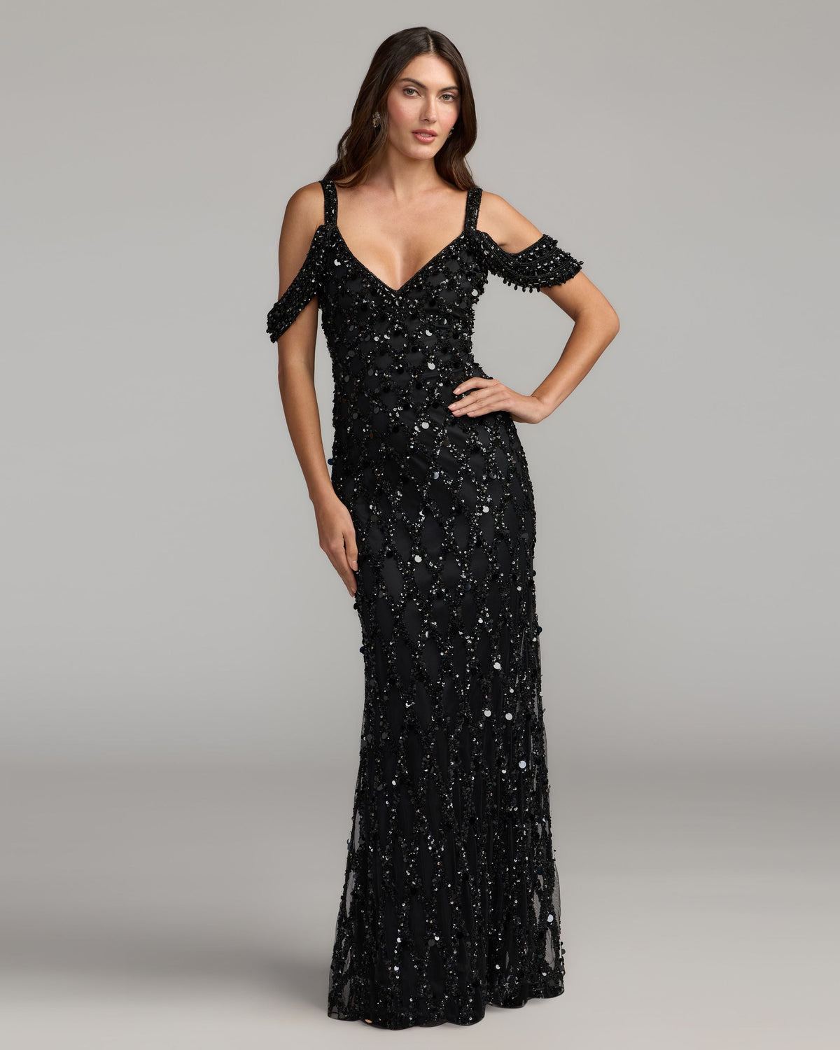 Mac Duggal Black Sequin Embellished V-Neck Gown