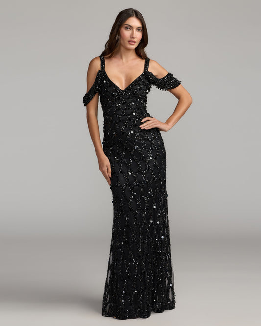 Mac Duggal Black Sequin Embellished V-Neck Gown