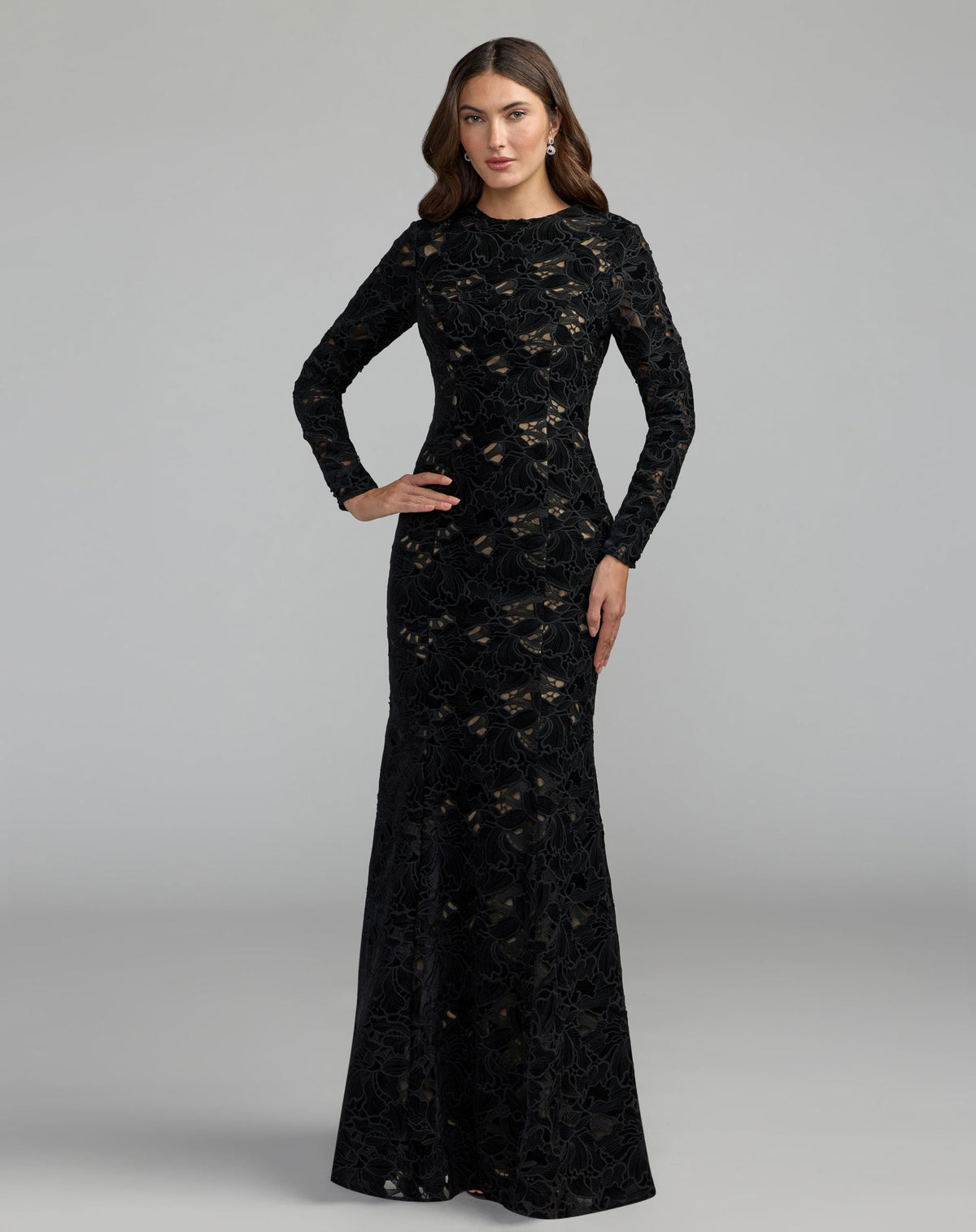 Mac Duggal Black Long Sleeve Open Back Embroidered Gown