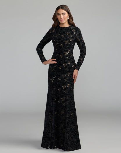 Mac Duggal Black Long Sleeve Open Back Embroidered Gown